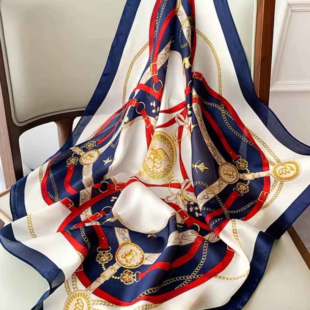 Classic Classy Silk Satin Scarf Shawl Navy Blue Red Gold